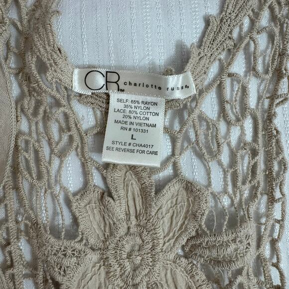 CHARLOTTE RUSSE Boho Crochet Vest Lace Back Ruffle Hem Womens Large Beige Layer - Picture 7 of 8